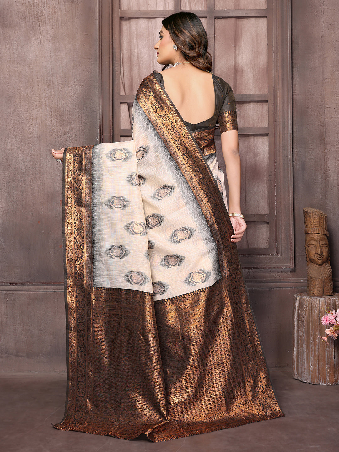 Beige & Brown Linen Blend Ethnic Motifs Woven Design Kanjivaram Saree with Blouse Piece