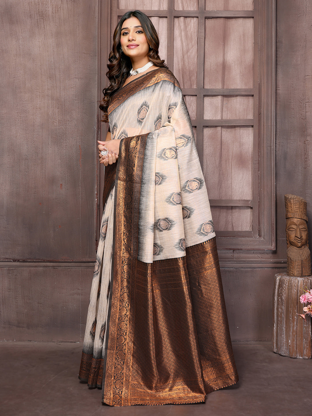 Beige & Brown Linen Blend Ethnic Motifs Woven Design Kanjivaram Saree with Blouse Piece