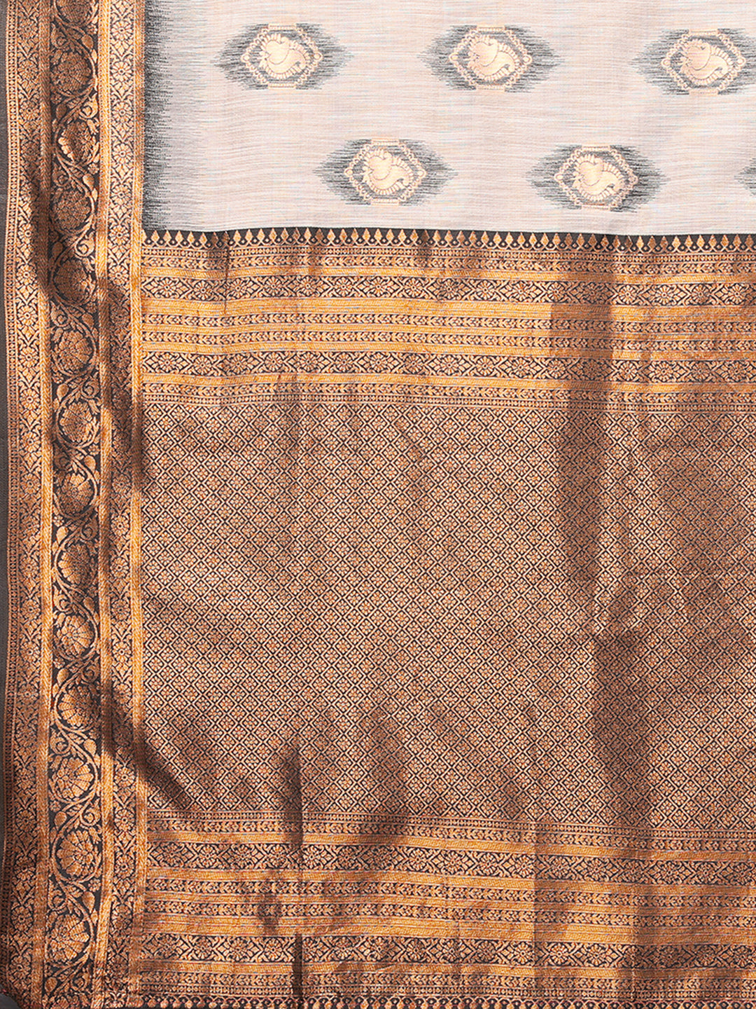Beige & Brown Linen Blend Ethnic Motifs Woven Design Kanjivaram Saree with Blouse Piece