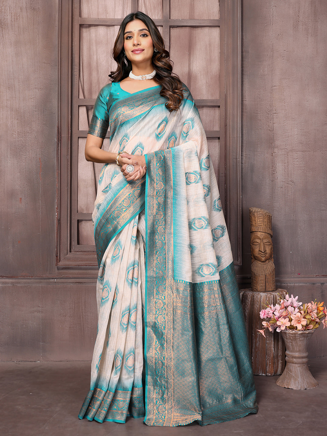 Beige & Teal Blue Linen Blend Ethnic Motifs Woven Design Kanjivaram Saree with Blouse Piece