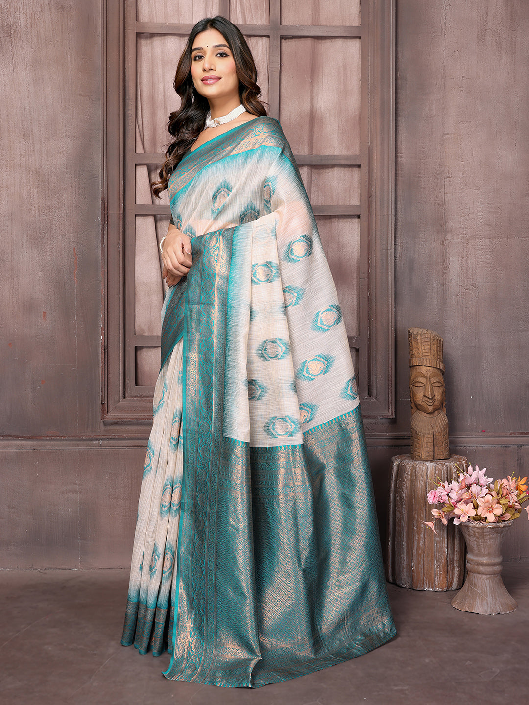 Beige & Teal Blue Linen Blend Ethnic Motifs Woven Design Kanjivaram Saree with Blouse Piece
