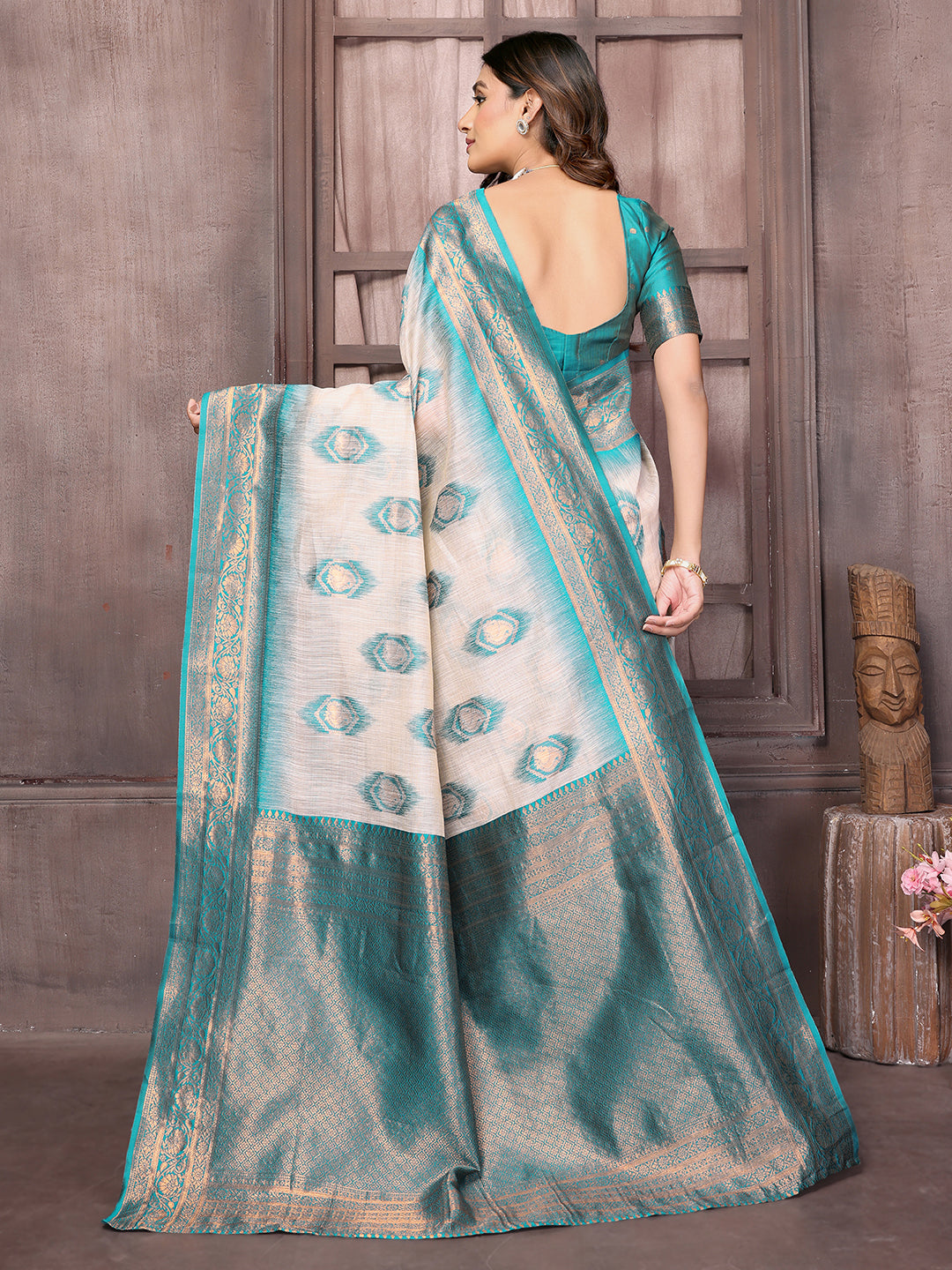 Beige & Teal Blue Linen Blend Ethnic Motifs Woven Design Kanjivaram Saree with Blouse Piece