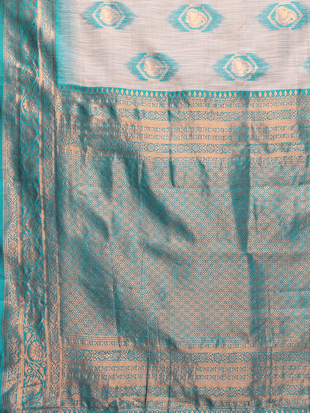 Beige & Teal Blue Linen Blend Ethnic Motifs Woven Design Kanjivaram Saree with Blouse Piece