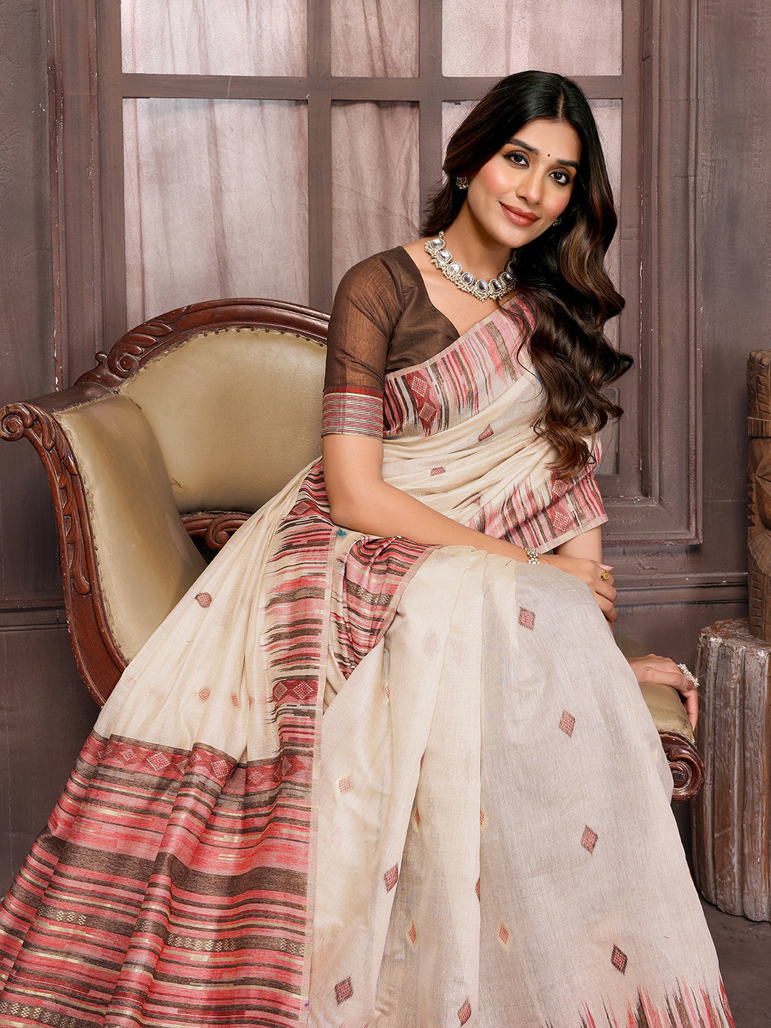 Beige Chanderi Geometric Woven Design Woven Saree with Blouse Piece
