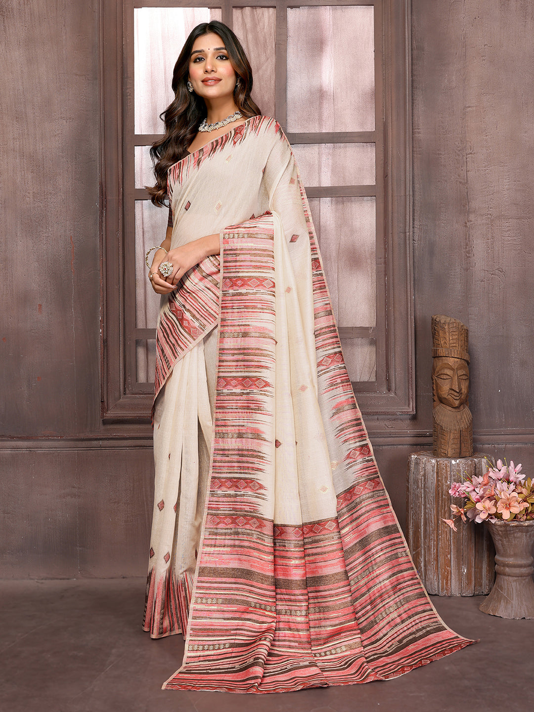 Beige Chanderi Geometric Woven Design Woven Saree with Blouse Piece