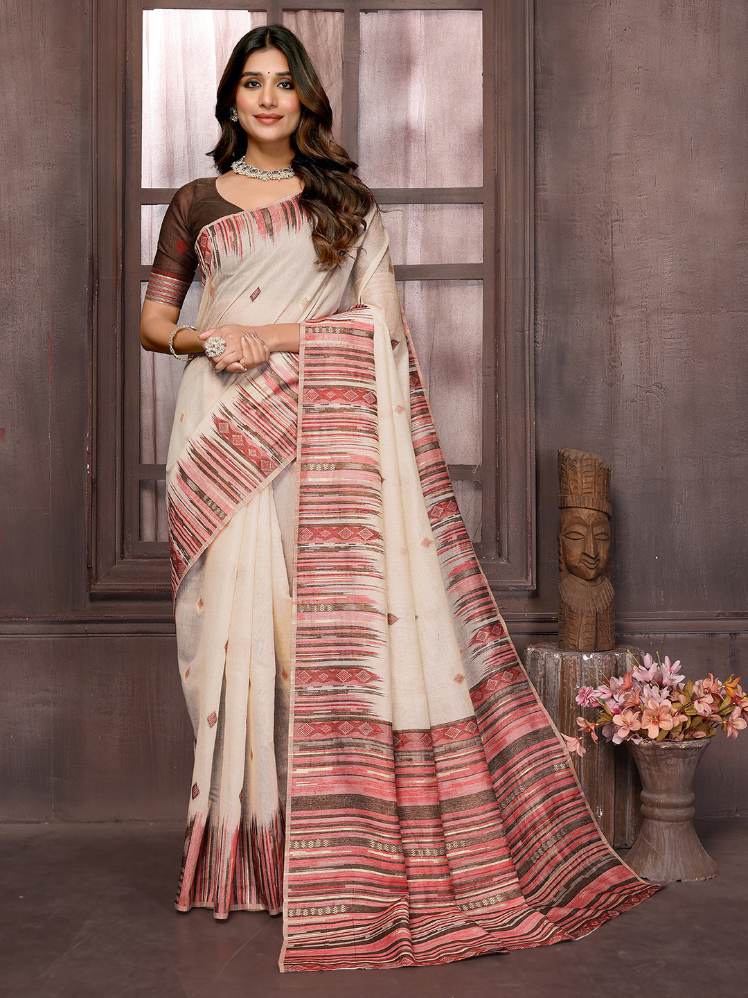 Beige Chanderi Geometric Woven Design Woven Saree with Blouse Piece