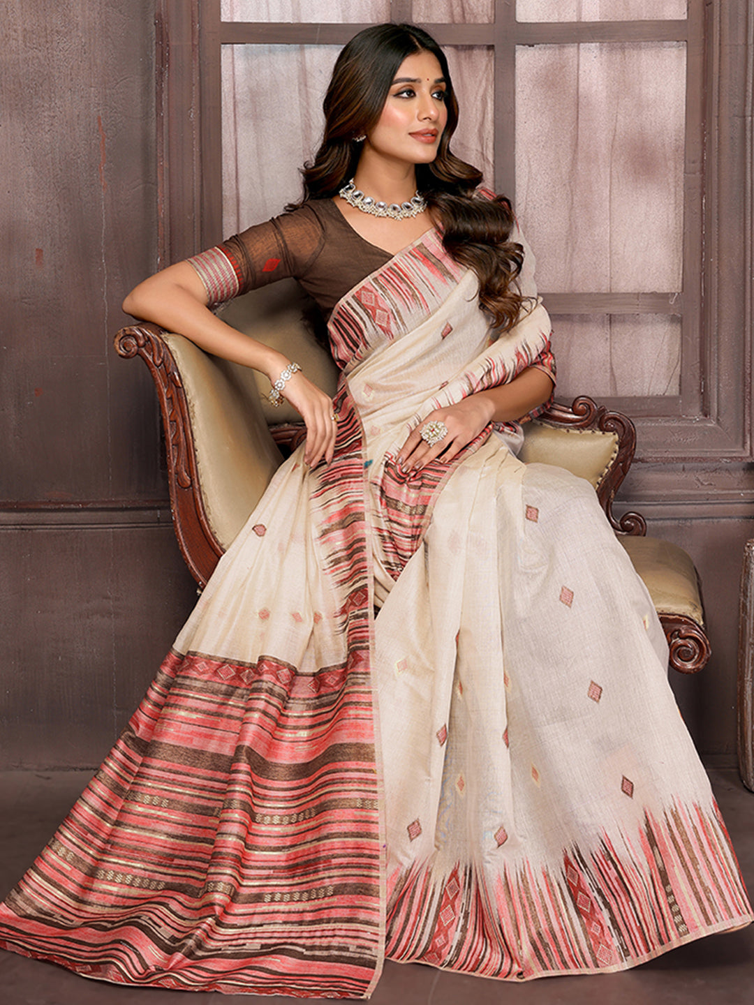 Beige Chanderi Geometric Woven Design Woven Saree with Blouse Piece