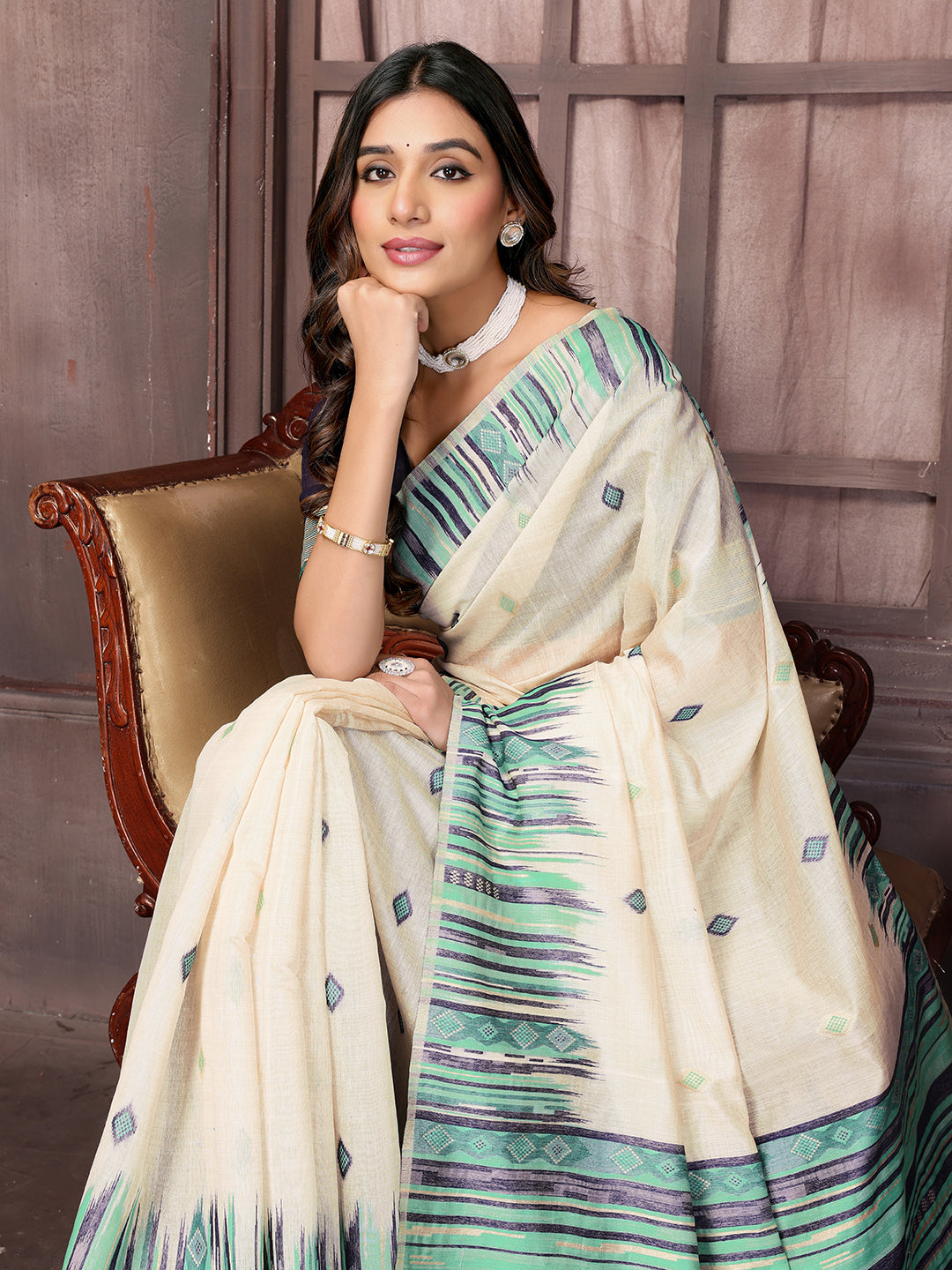 Beige & Blue Chanderi Geometric Woven Design Woven Saree with Blouse Piece