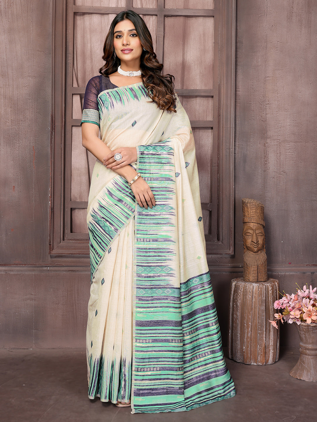 Beige & Blue Chanderi Geometric Woven Design Woven Saree with Blouse Piece