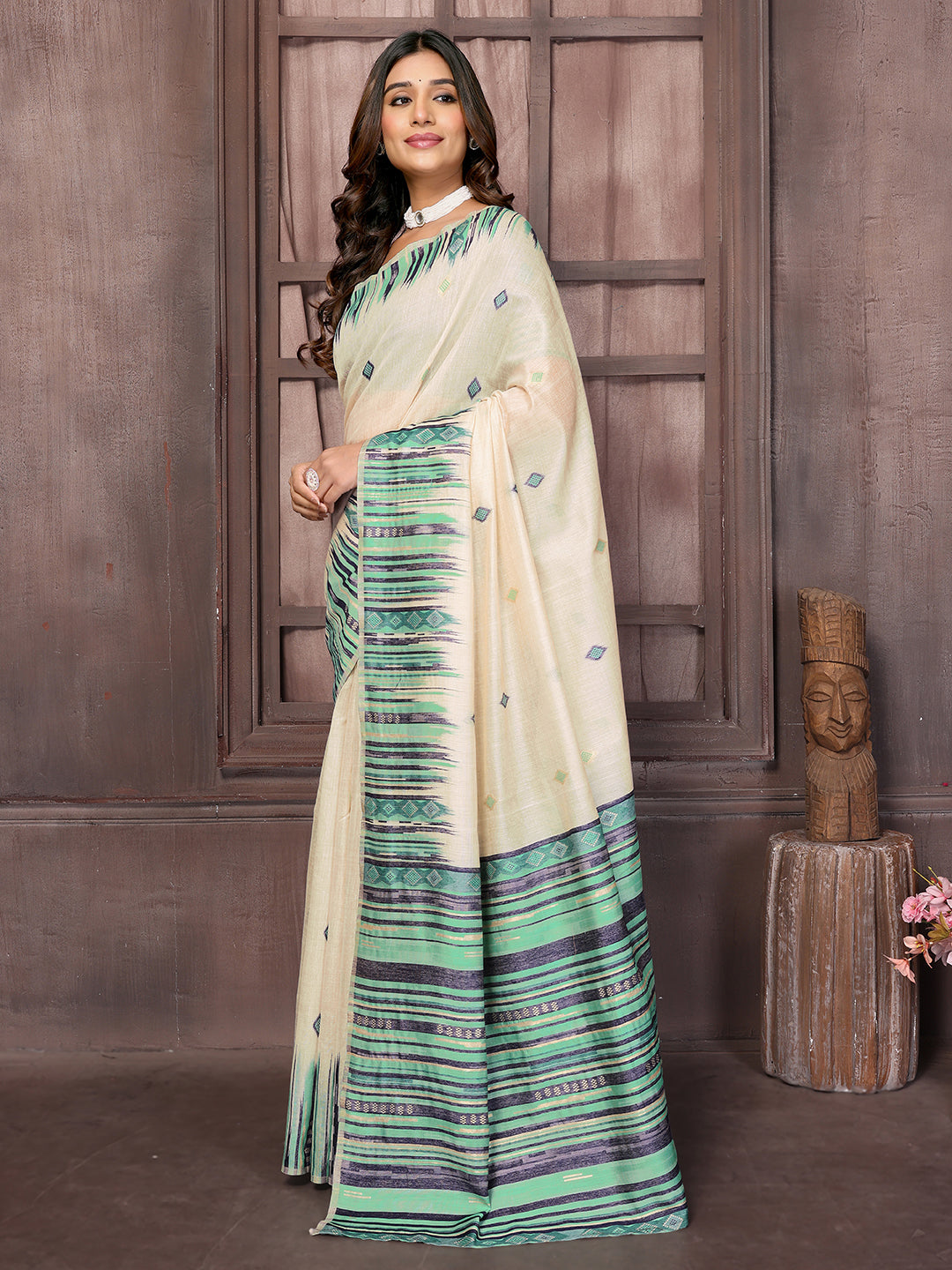 Beige & Blue Chanderi Geometric Woven Design Woven Saree with Blouse Piece