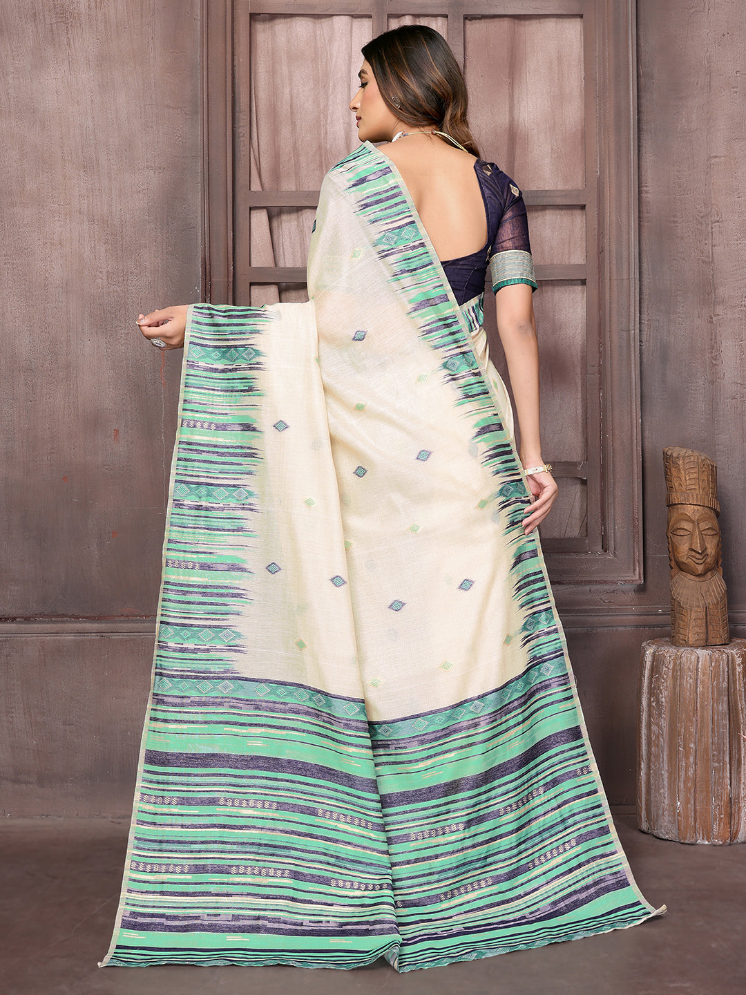 Beige & Blue Chanderi Geometric Woven Design Woven Saree with Blouse Piece