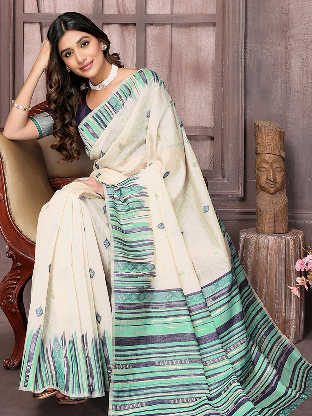 Beige & Blue Chanderi Geometric Woven Design Woven Saree with Blouse Piece