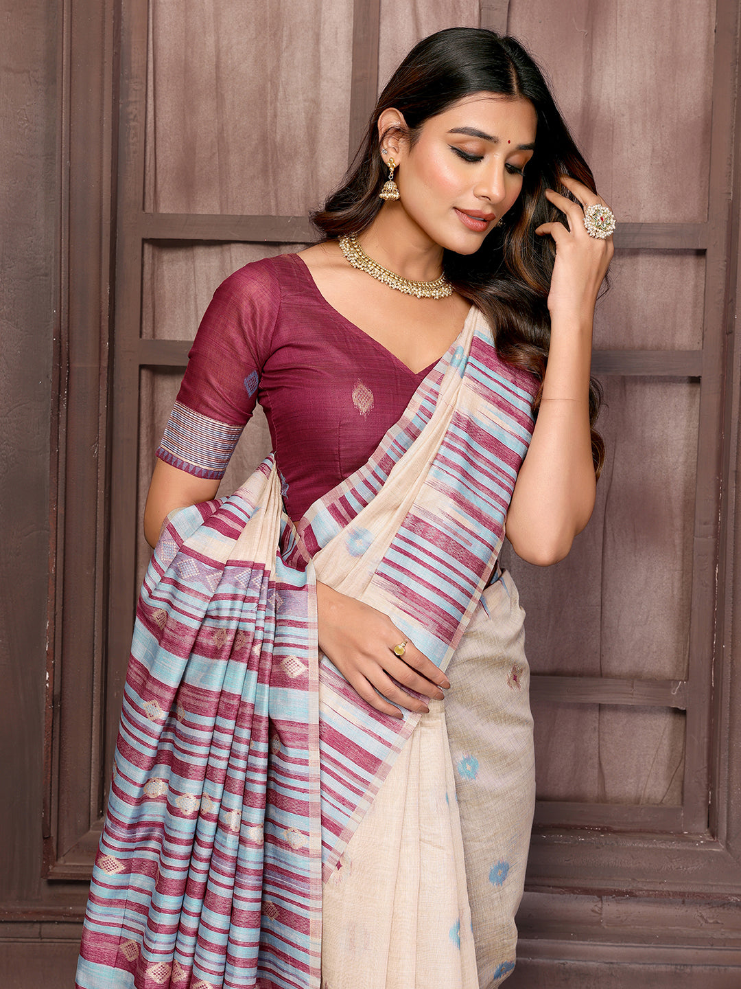 Beige & Wine Chanderi Geometric Woven Design Woven Saree with Blouse Piece