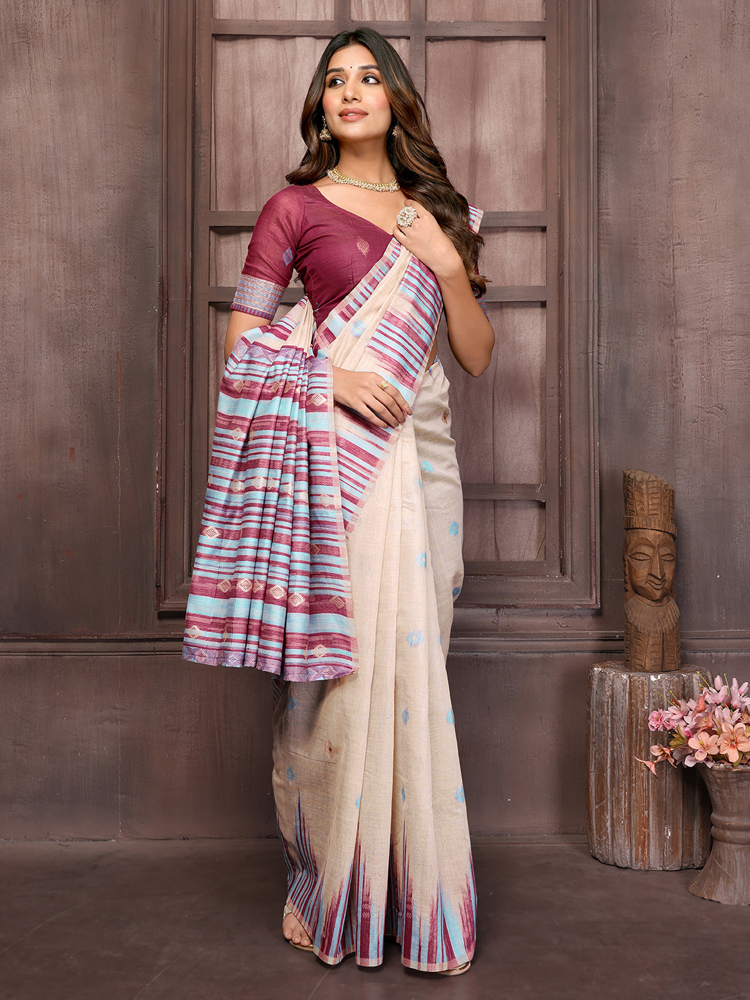Beige & Wine Chanderi Geometric Woven Design Woven Saree with Blouse Piece