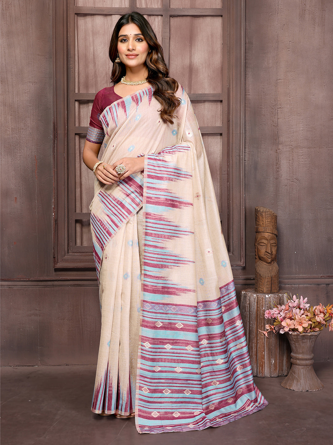 Beige & Wine Chanderi Geometric Woven Design Woven Saree with Blouse Piece