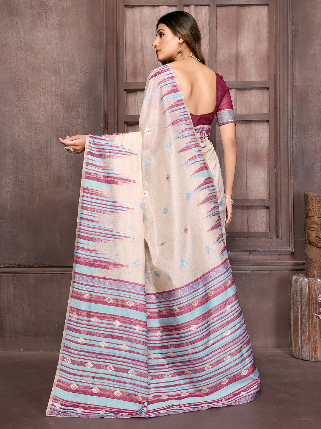 Beige & Wine Chanderi Geometric Woven Design Woven Saree with Blouse Piece
