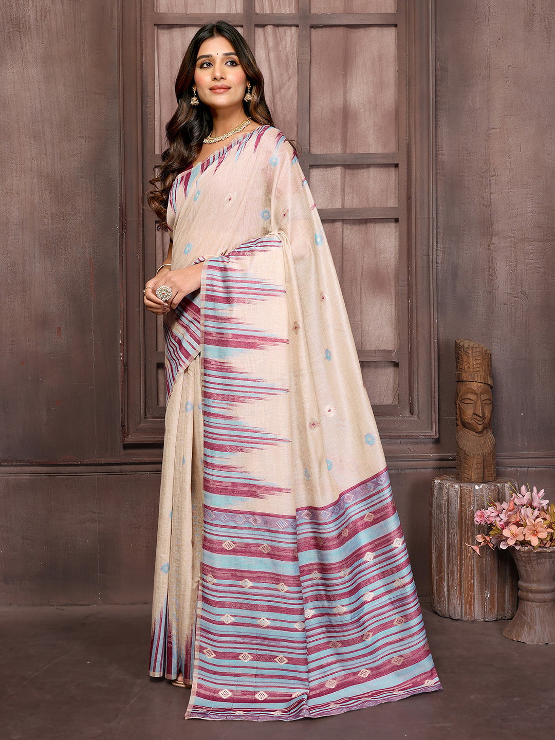 Beige & Wine Chanderi Geometric Woven Design Woven Saree with Blouse Piece
