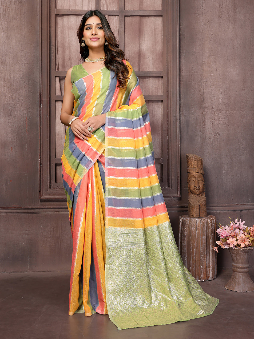 Multicolor Cotton Striped Woven Design Woven Saree with Blouse Piece