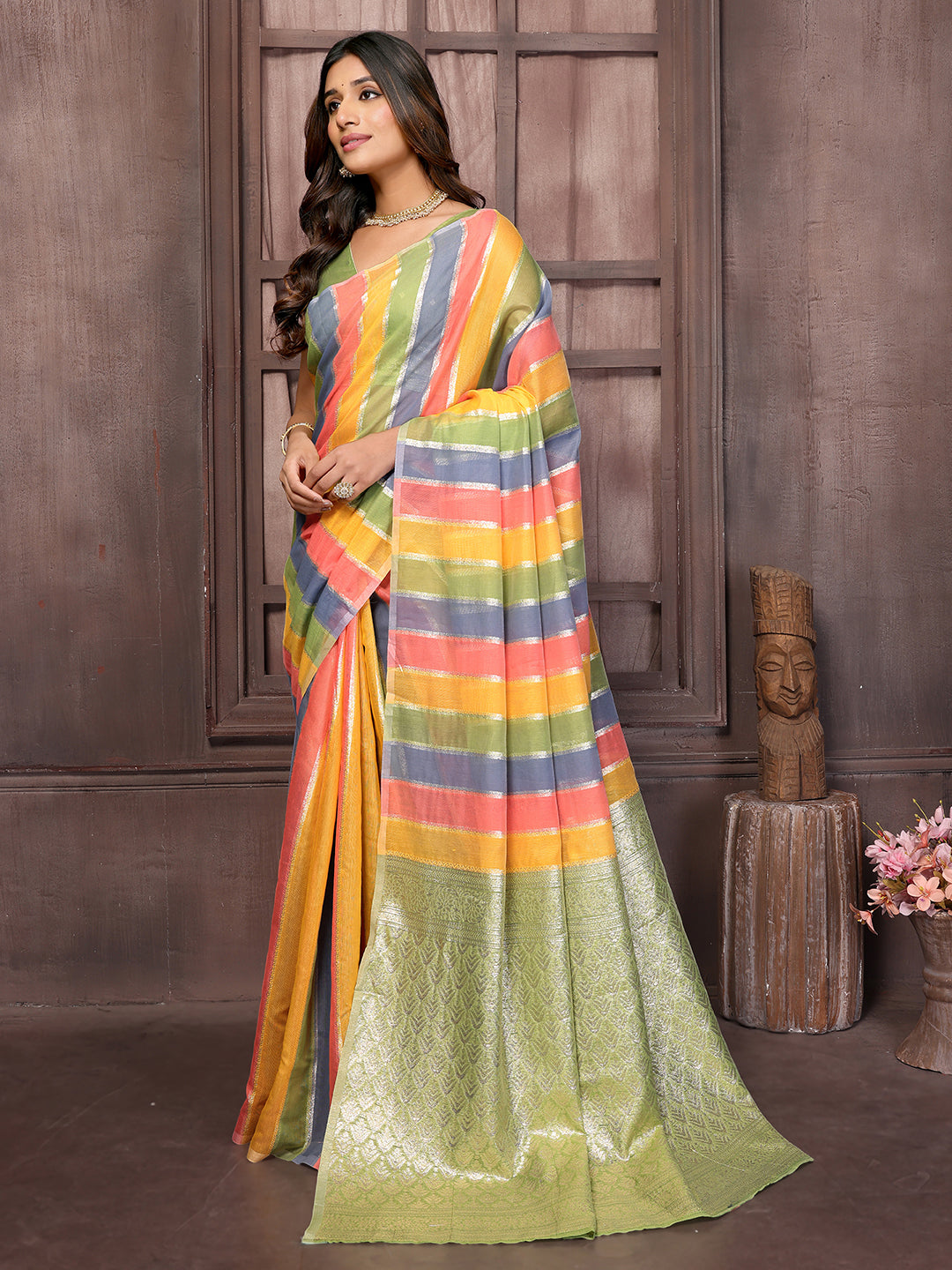 Multicolor Cotton Striped Woven Design Woven Saree with Blouse Piece