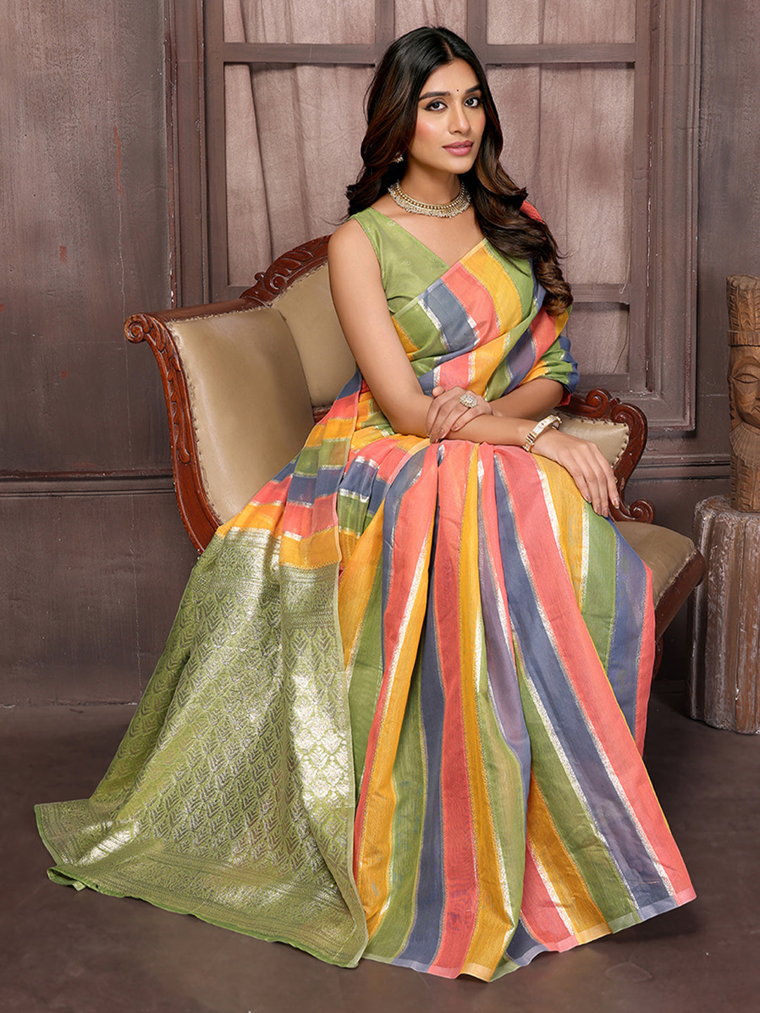 Multicolor Cotton Striped Woven Design Woven Saree with Blouse Piece