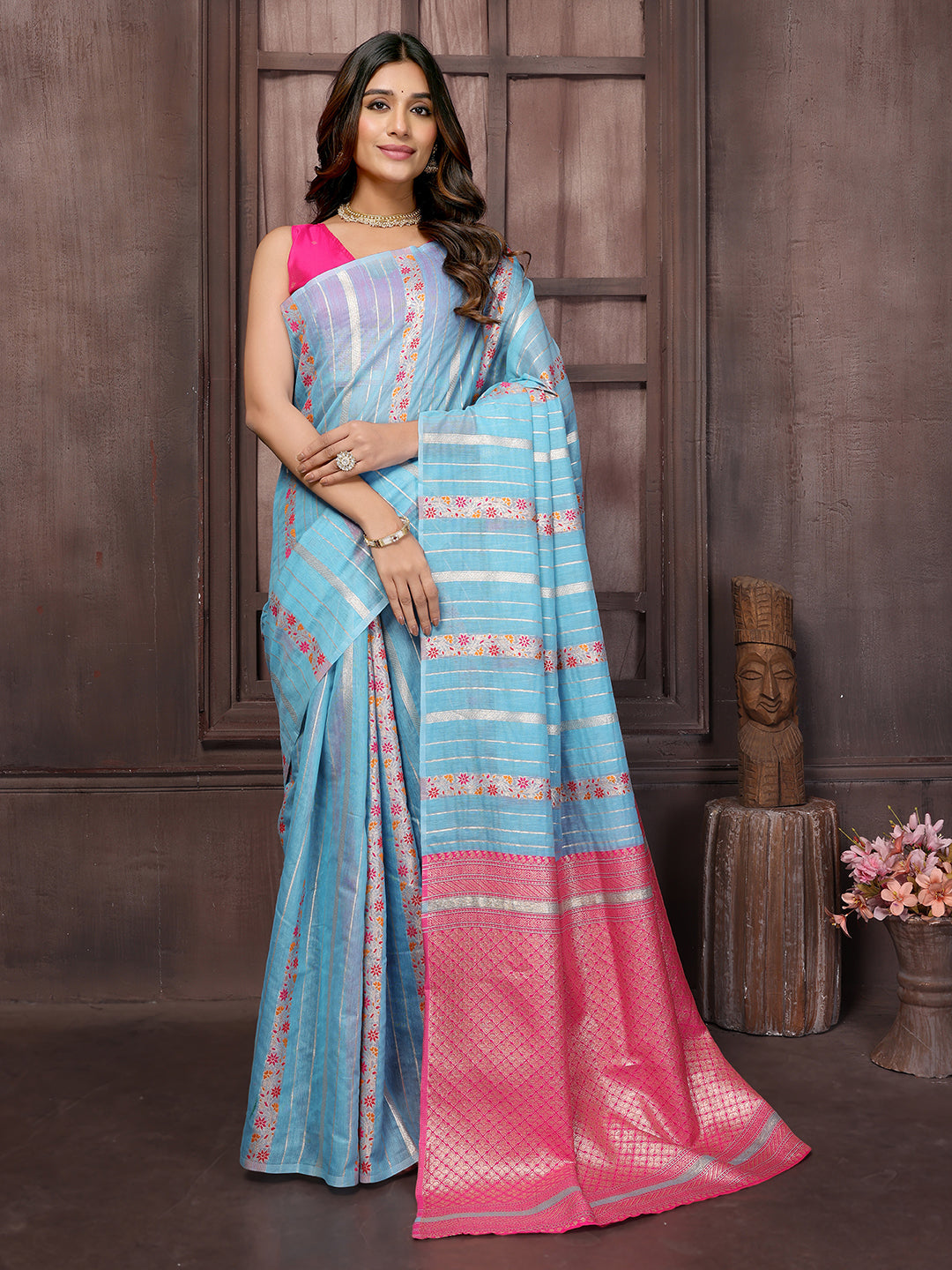 Light Blue Cotton Ethnic Print Woven Design Jacquard Saree with Blouse Piece