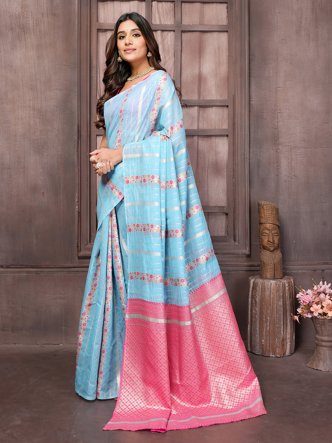 Light Blue Cotton Ethnic Print Woven Design Jacquard Saree with Blouse Piece