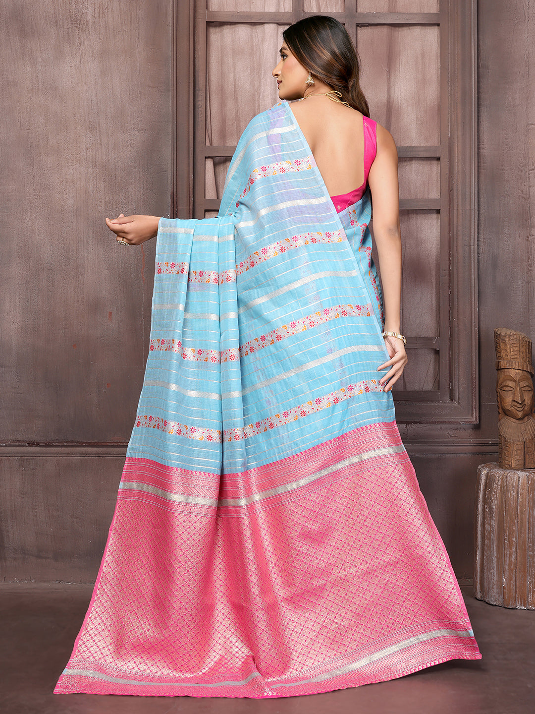 Light Blue Cotton Ethnic Print Woven Design Jacquard Saree with Blouse Piece