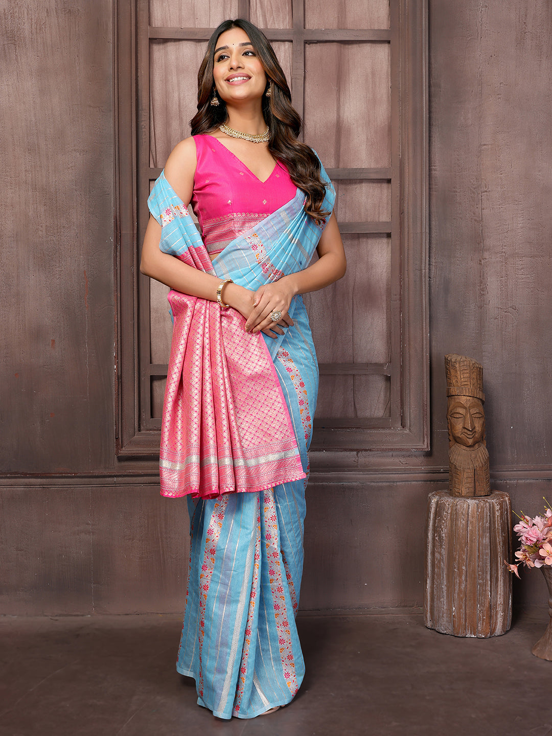 Light Blue Cotton Ethnic Print Woven Design Jacquard Saree with Blouse Piece