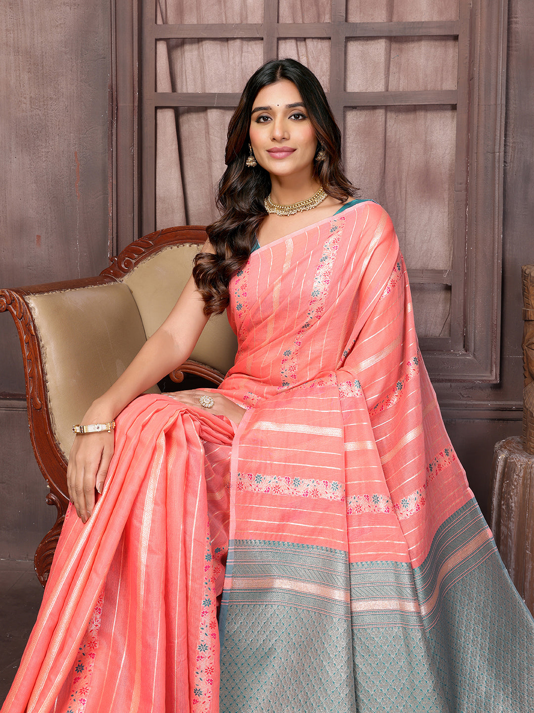 Peach Cotton Ethnic Print Woven Design Jacquard Saree with Blouse Piece