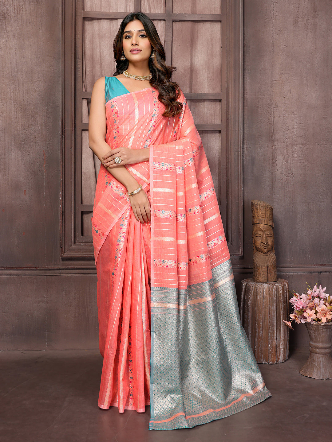 Peach Cotton Ethnic Print Woven Design Jacquard Saree with Blouse Piece