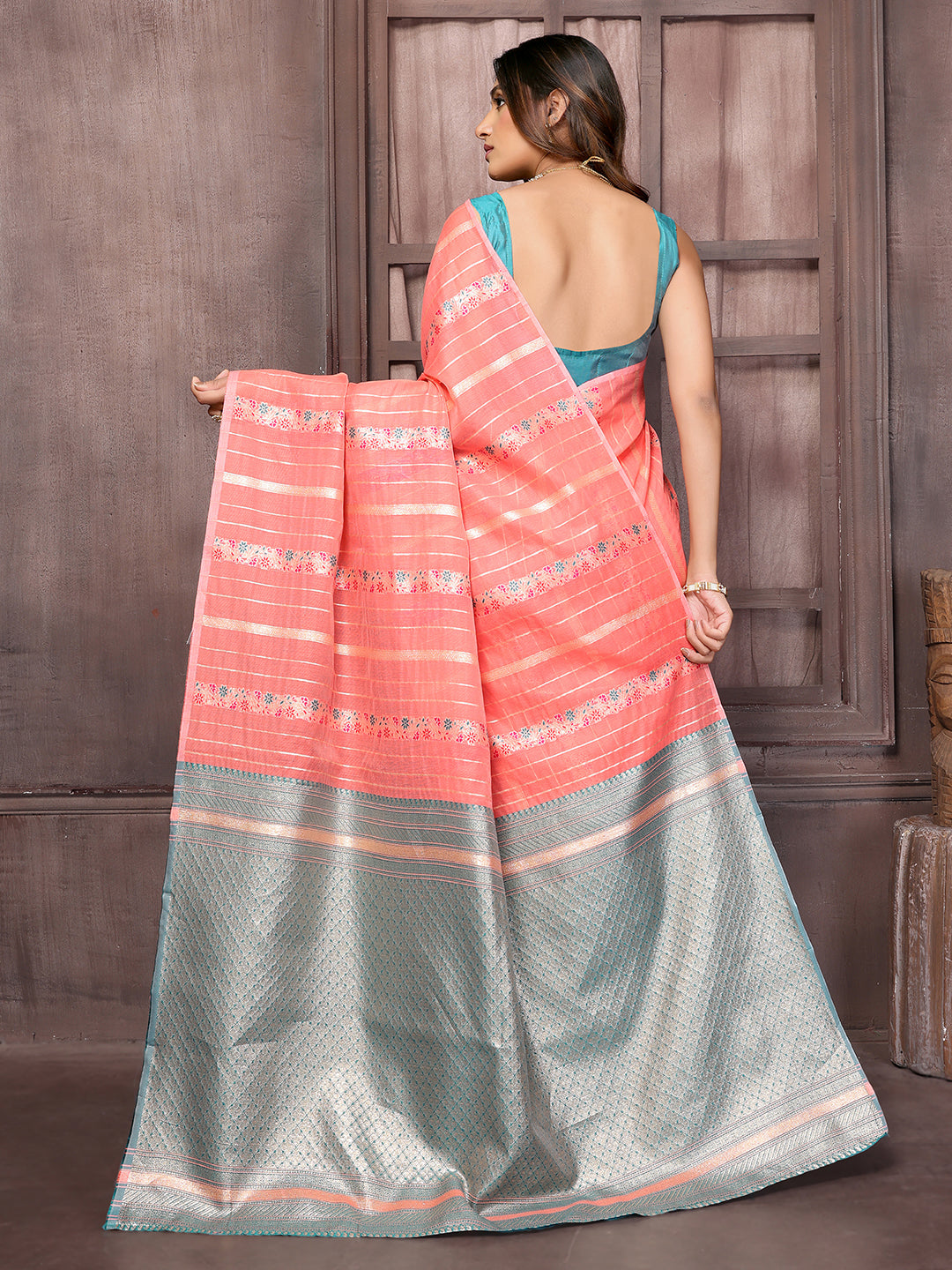 Peach Cotton Ethnic Print Woven Design Jacquard Saree with Blouse Piece
