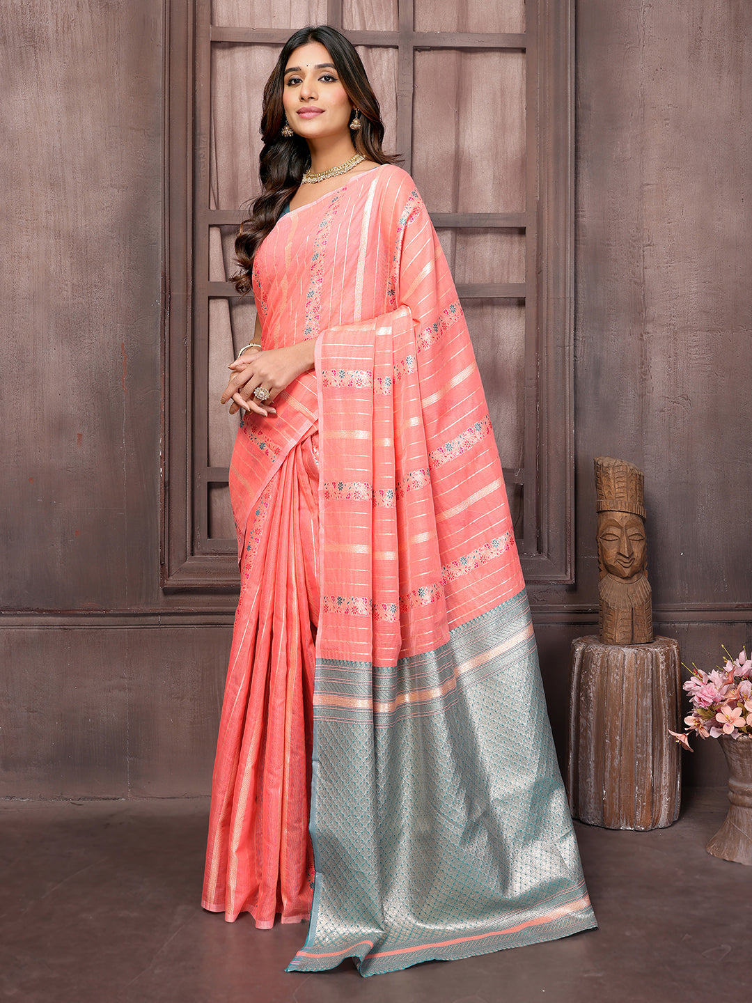 Peach Cotton Ethnic Print Woven Design Jacquard Saree with Blouse Piece