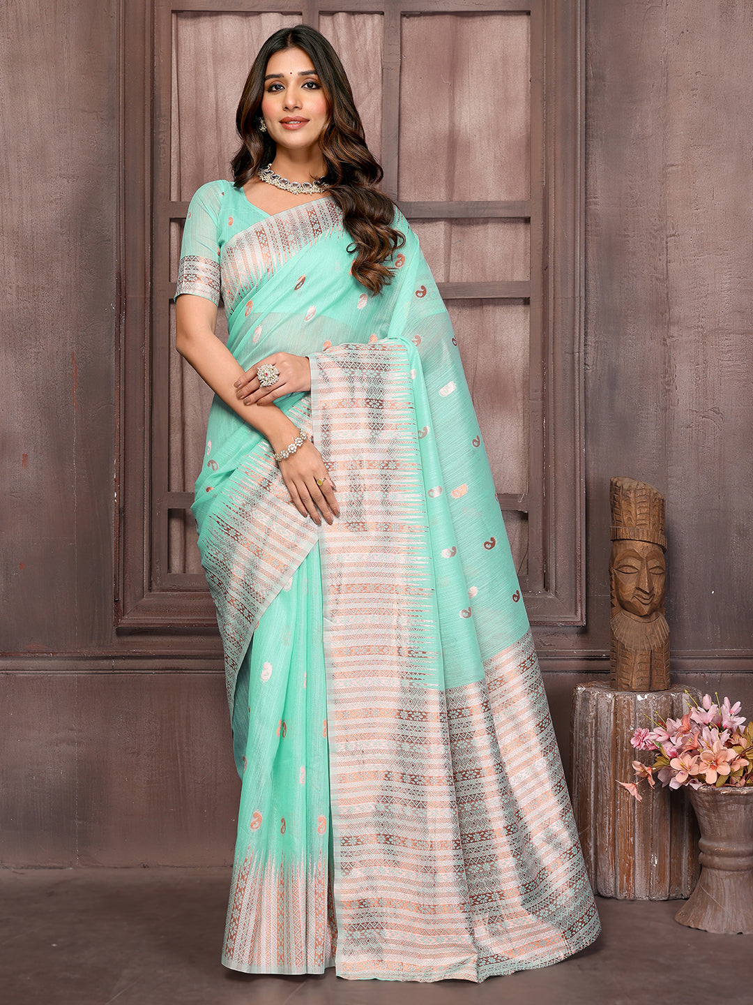 Light Blue Linen Blend Paisley Woven Design Woven Saree with Blouse Piece