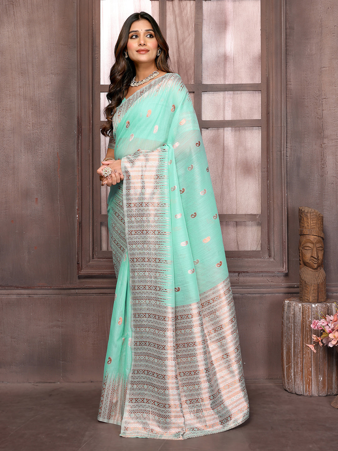 Light Blue Linen Blend Paisley Woven Design Woven Saree with Blouse Piece