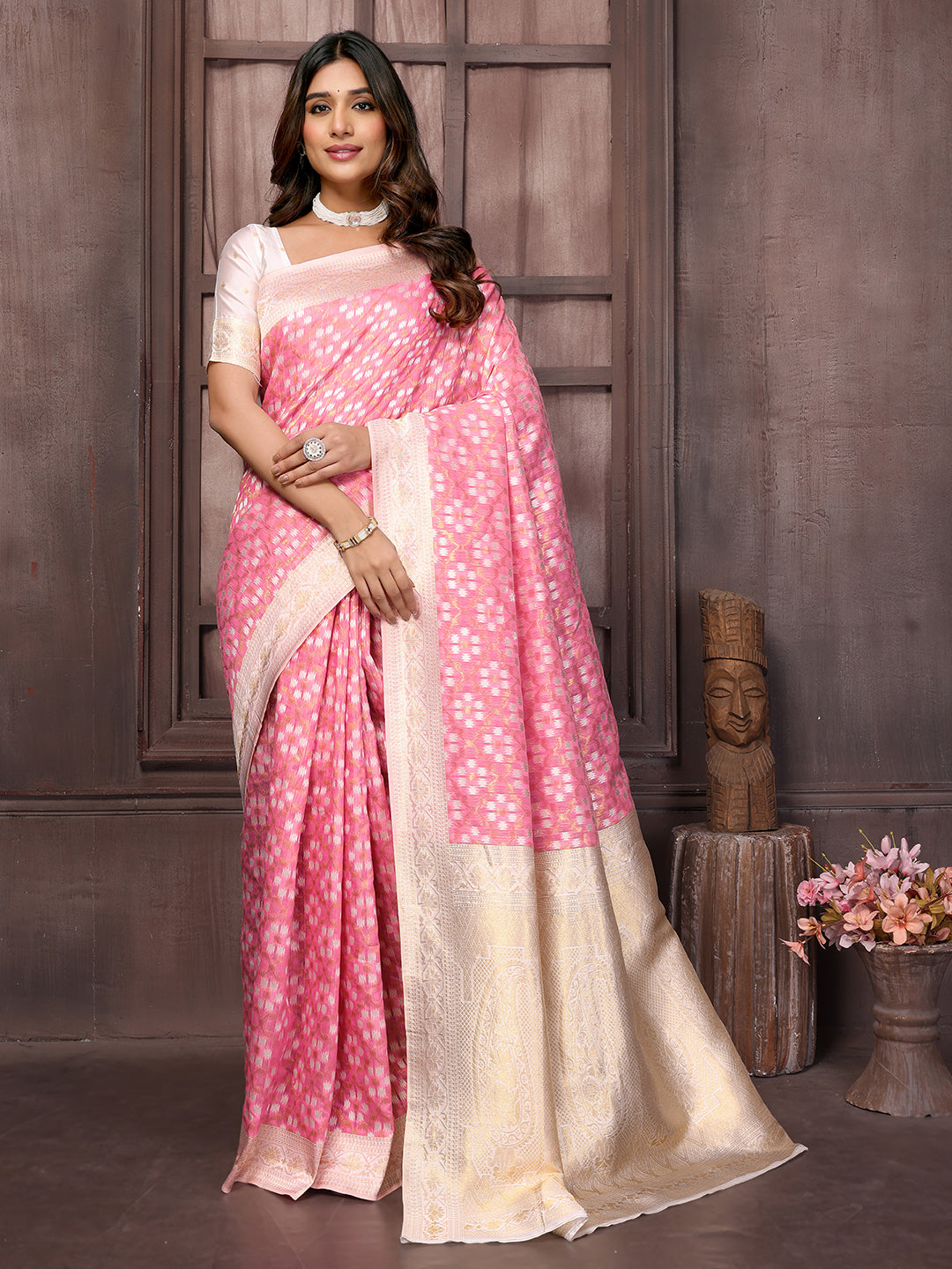 Pink Cotton Ethnic Motifs Woven Design Woven Saree with Blouse Piece