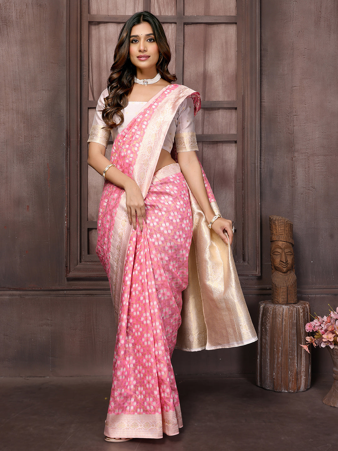 Pink Cotton Ethnic Motifs Woven Design Woven Saree with Blouse Piece