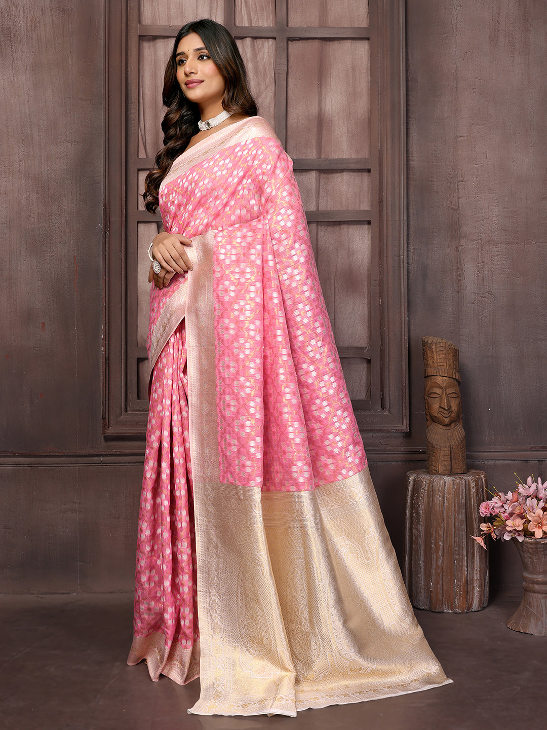 Pink Cotton Ethnic Motifs Woven Design Woven Saree with Blouse Piece