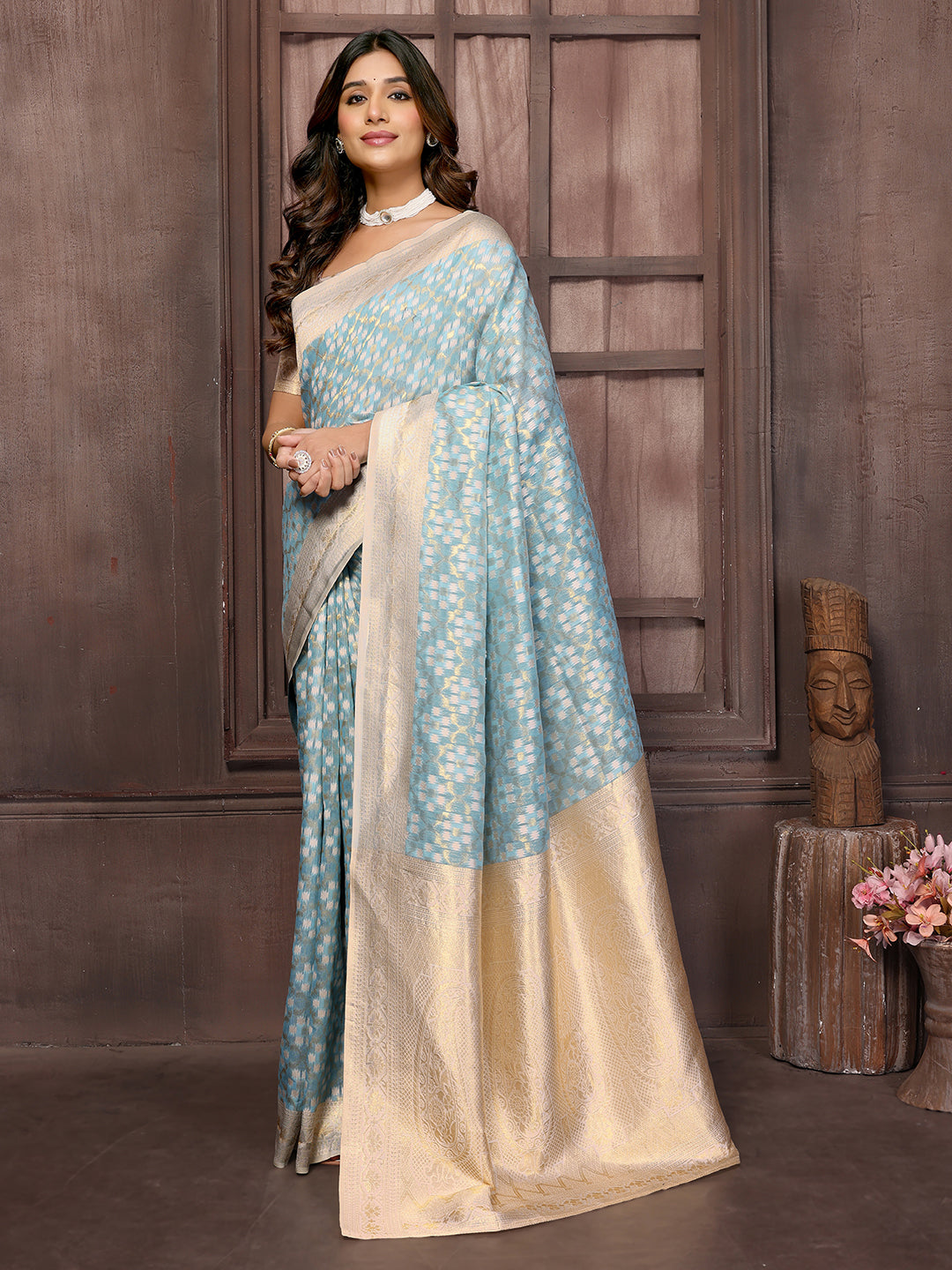 Light Blue Cotton Ethnic Motifs Woven Design Woven Saree with Blouse Piece