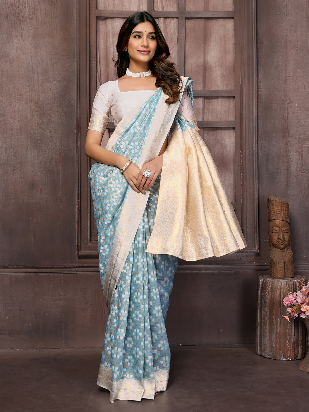 Light Blue Cotton Ethnic Motifs Woven Design Woven Saree with Blouse Piece