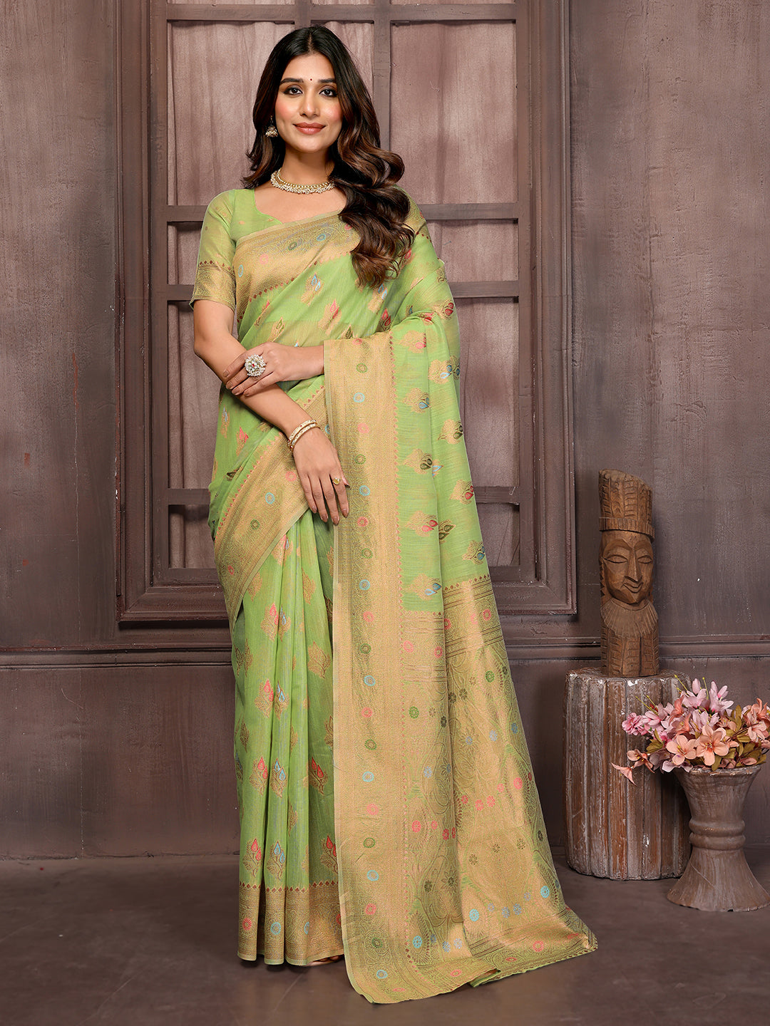 Green Linen Blend Ethnic Print Woven Design Kanjivaram Saree with Blouse Piece