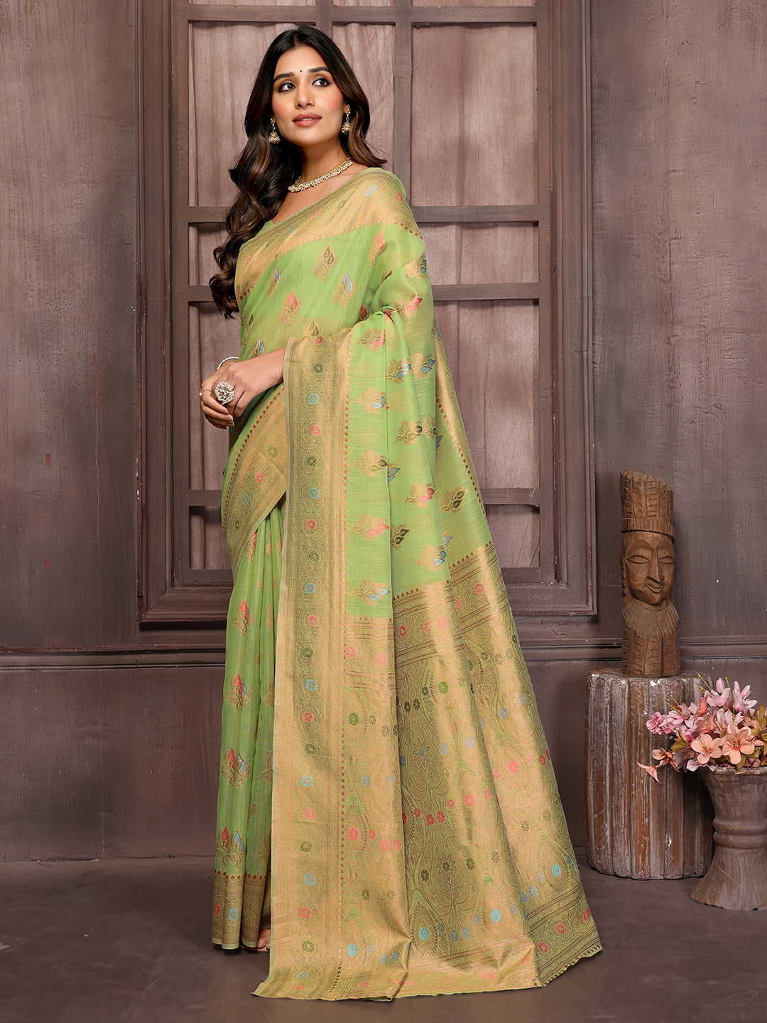 Green Linen Blend Ethnic Print Woven Design Kanjivaram Saree with Blouse Piece