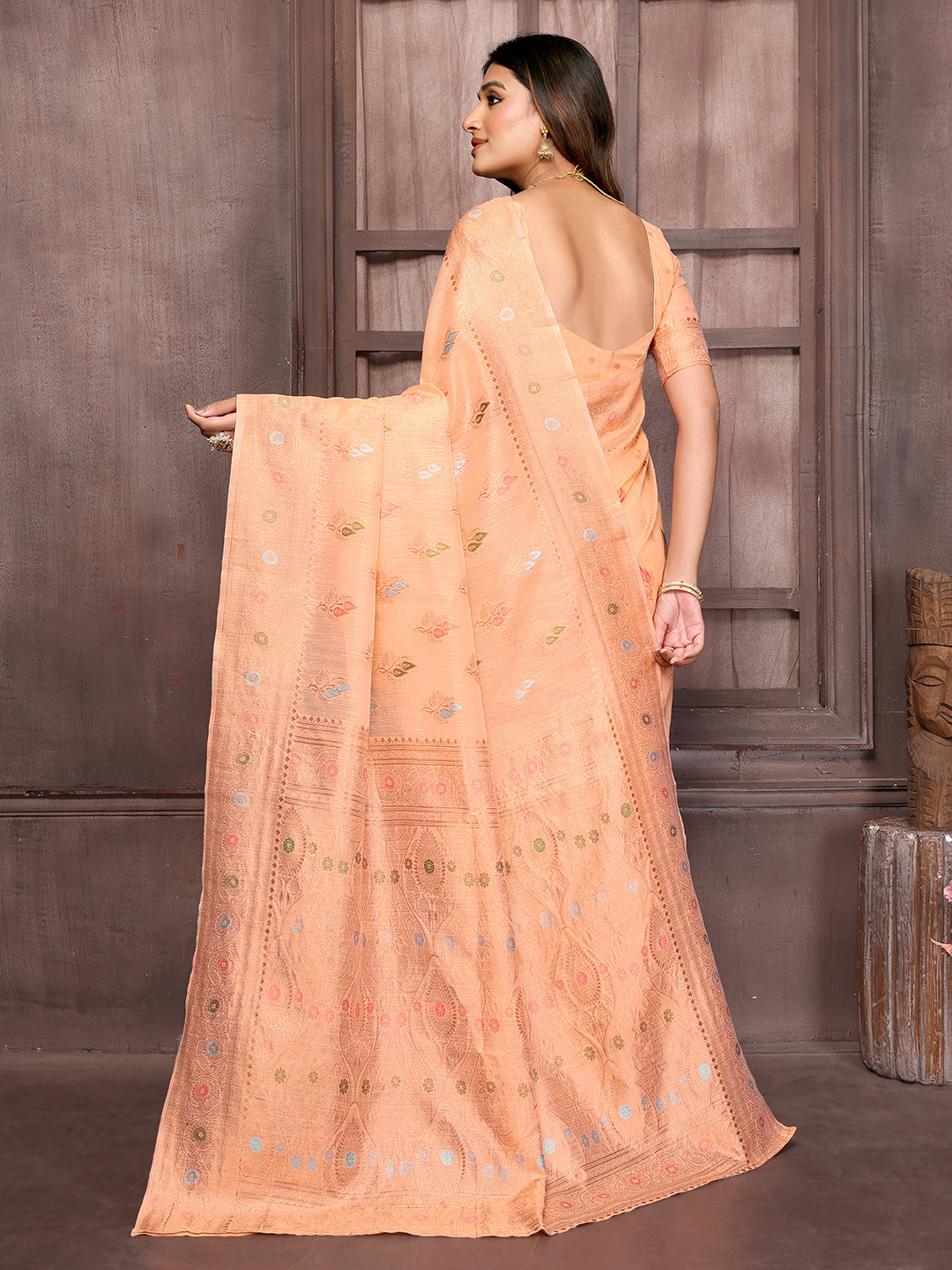 Peach Linen Blend Ethnic Print Woven Design Kanjivaram Saree with Blouse Piece