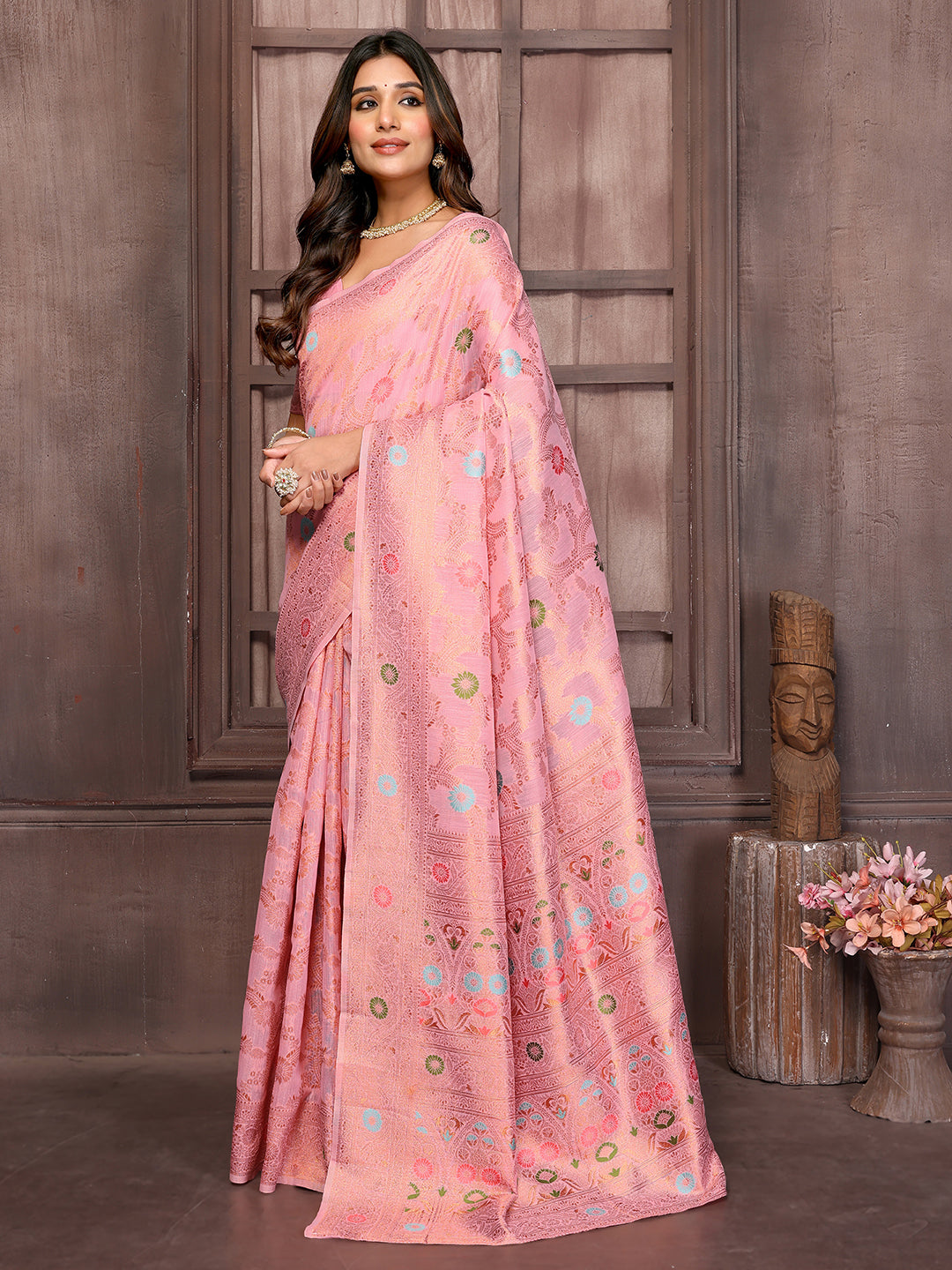 Pink Linen Blend Floral Woven Design Woven Saree with Blouse Piece