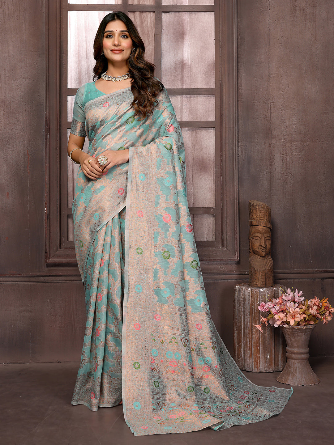 Light Blue Linen Blend Floral Woven Design Woven Saree with Blouse Piece