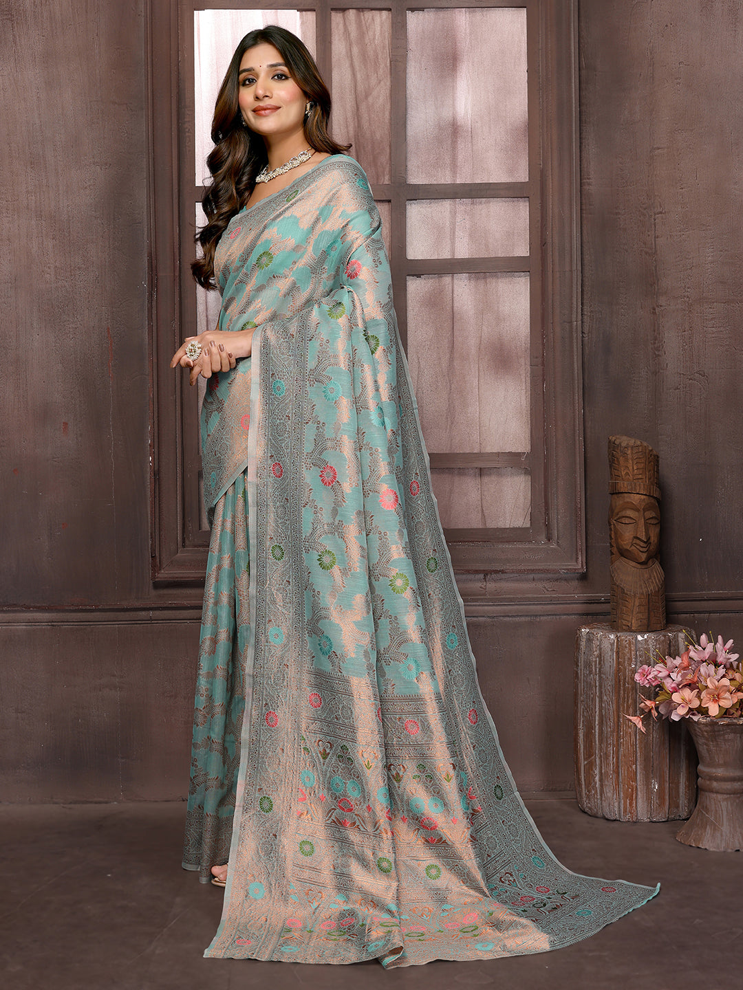 Light Blue Linen Blend Floral Woven Design Woven Saree with Blouse Piece