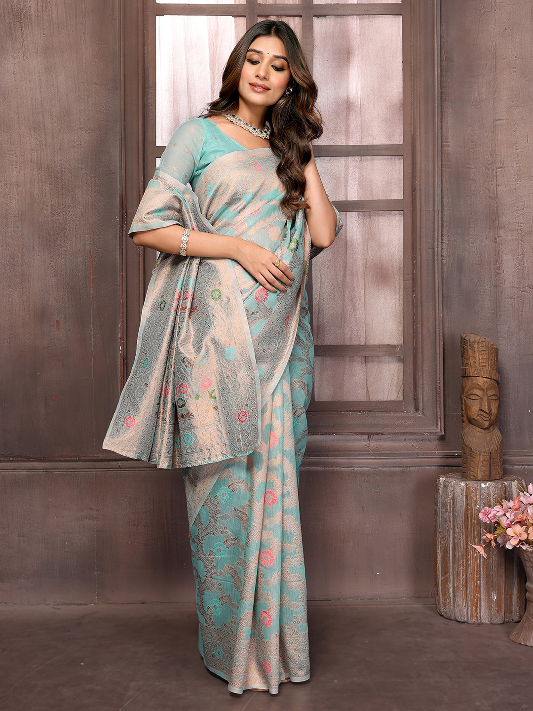 Light Blue Linen Blend Floral Woven Design Woven Saree with Blouse Piece