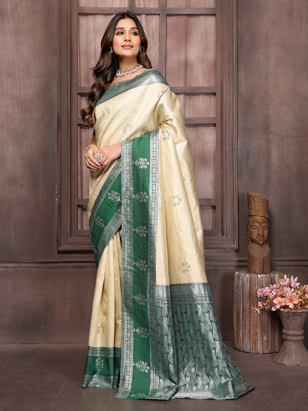 Beige Silk Blend Checked Woven Design Jacquard Border Saree with Blouse Piece