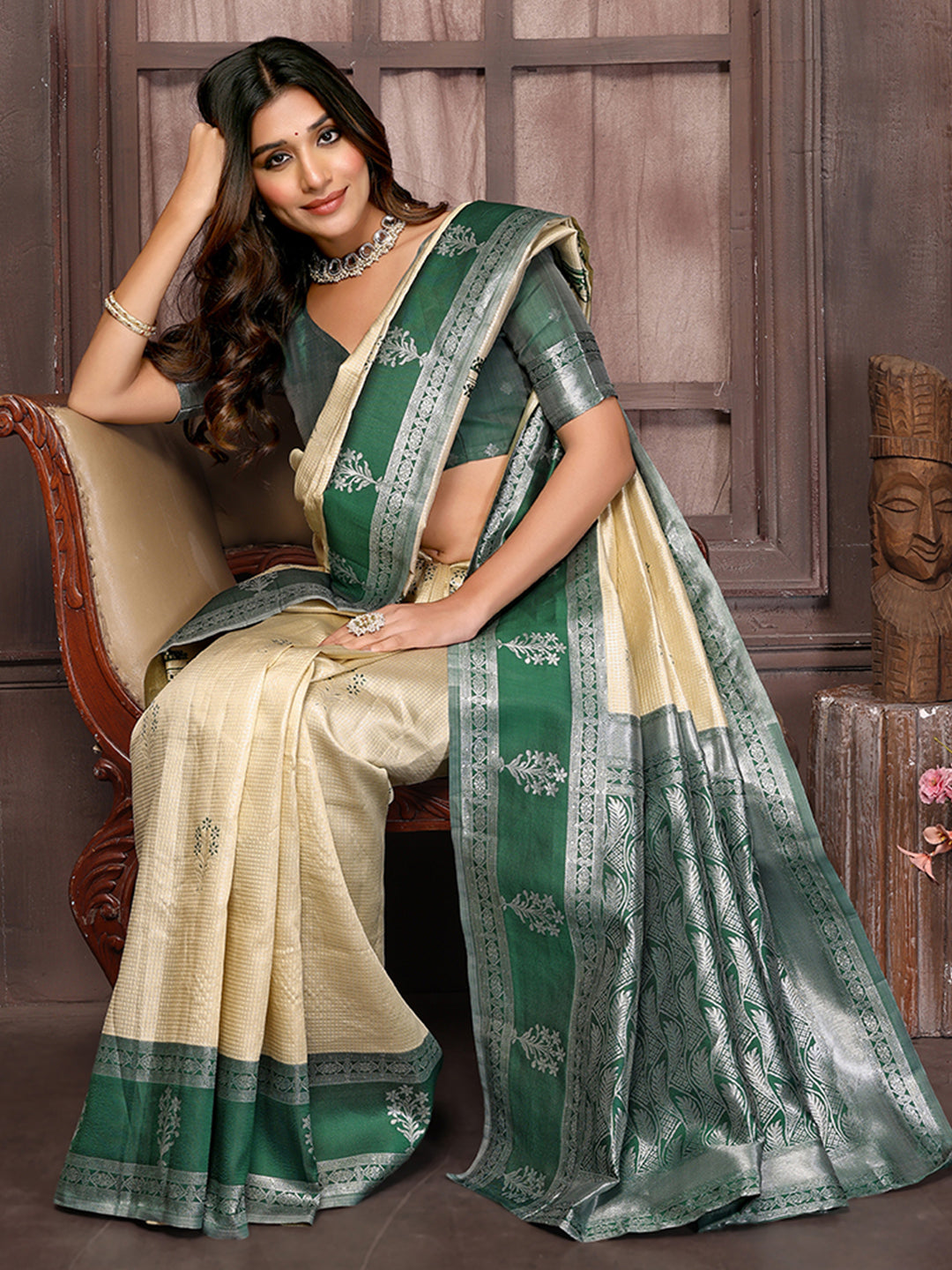 Beige Silk Blend Checked Woven Design Jacquard Border Saree with Blouse Piece