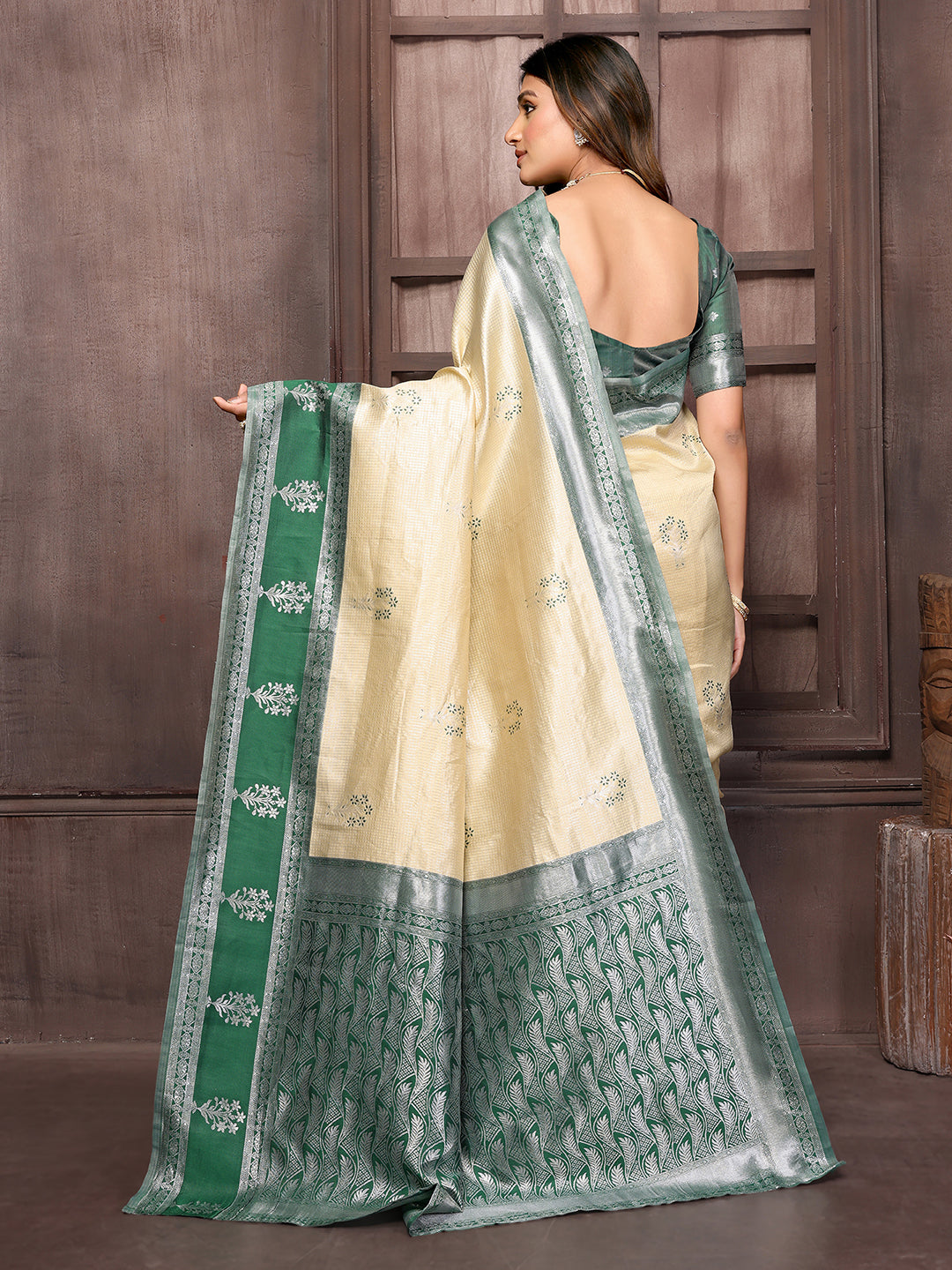 Beige Silk Blend Checked Woven Design Jacquard Border Saree with Blouse Piece