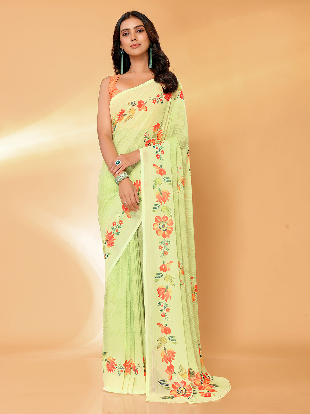 Light Green Georgette Floral Printed Daily Wear Saree with Blouse Piece